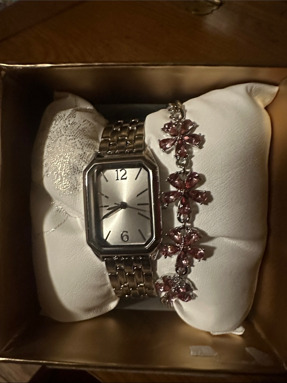 Silver Women's Bracelet Watch with Pink Crystal Flower Bracelet Set